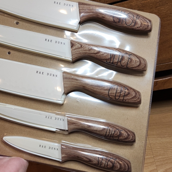 New Rae Dunn Knife Set Cream Brown Faux Wood Handles